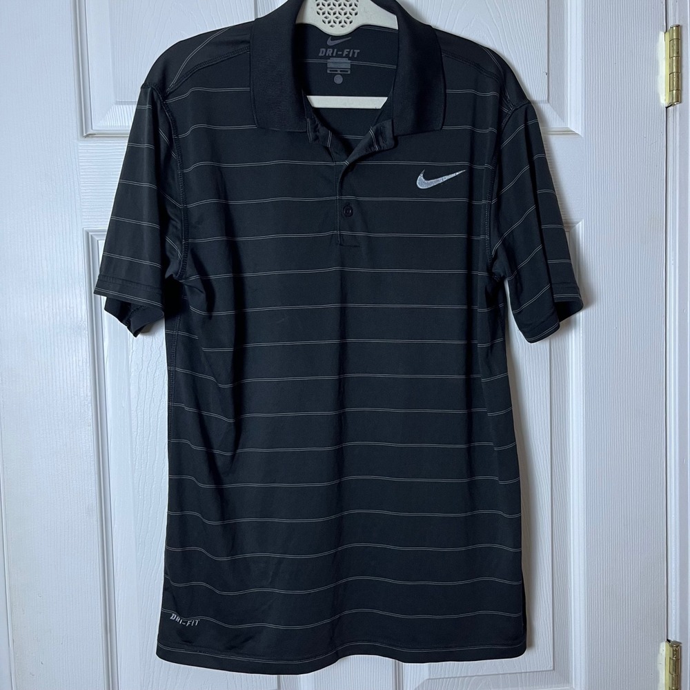 Nike Dri-FIT Mens Polo Shirt Black Striped Short Sleeve Golf Top Size Medium
